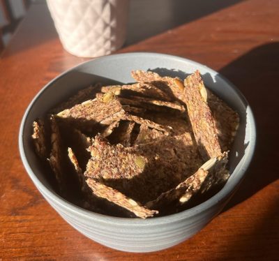 Gluten-free, dairy-free, high fiber seed crackers