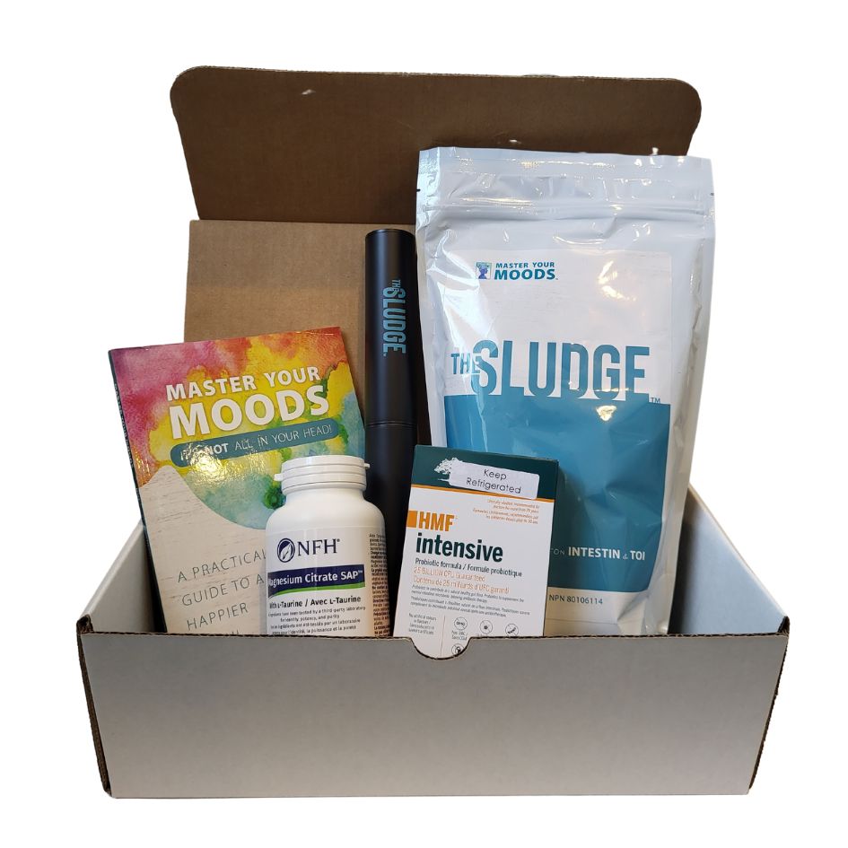Master Your Moods starter kit, including probiotic, magnesium, Sludge powder, Master Your Moods book, and electric frother