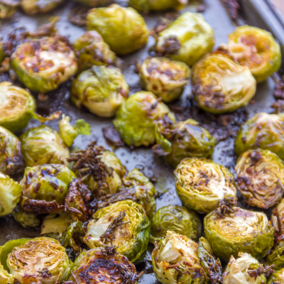 roasted brussel sprouts for roasted vegetable bowl with sesame ginger dressing