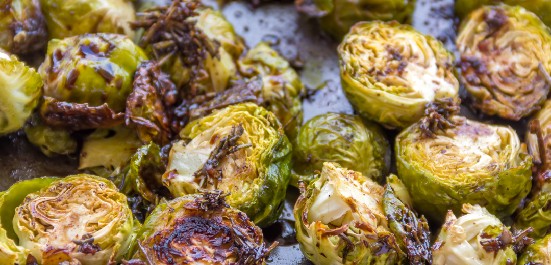 roasted brussel sprouts for roasted vegetable bowl with sesame ginger dressing